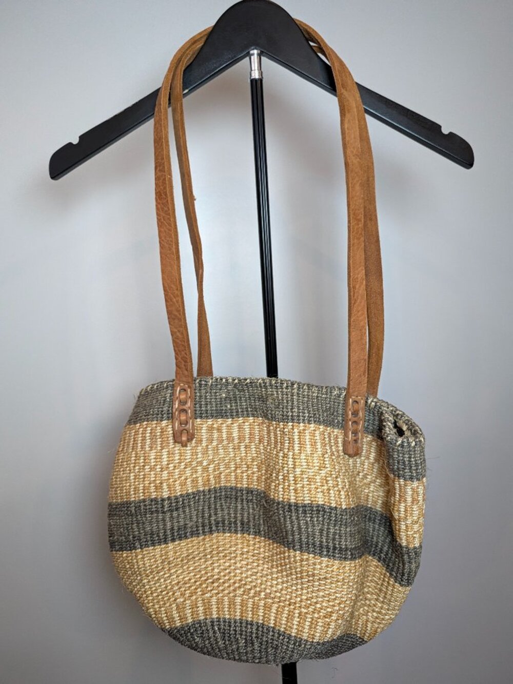 Vintage Sisal Market Bag African Boho Jute Striped Leather Straps Bucket Tote